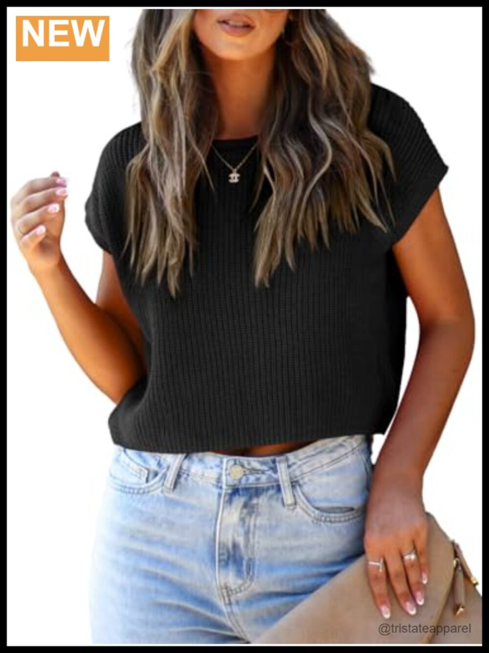 Womens Cotton Blend Cropped Sweater Vest Cap Sleeve Pullover Top